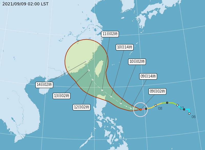 颱風路徑潛勢圖。（圖擷取自中央氣象局）